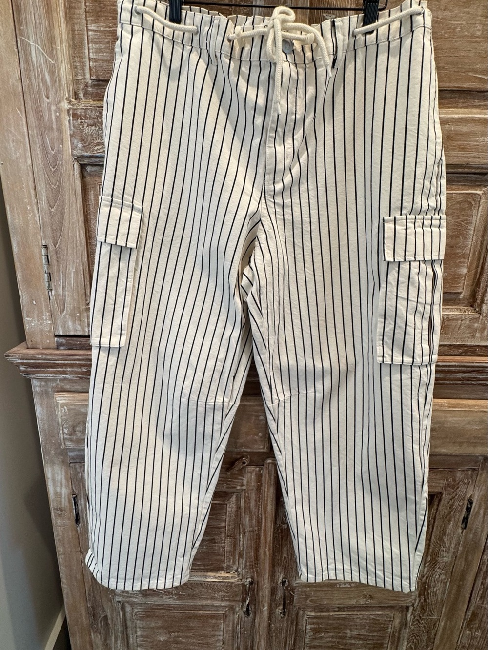 Future Collective Cotton Cream Pinstripe Wide-Leg Cargo Barrel Pants